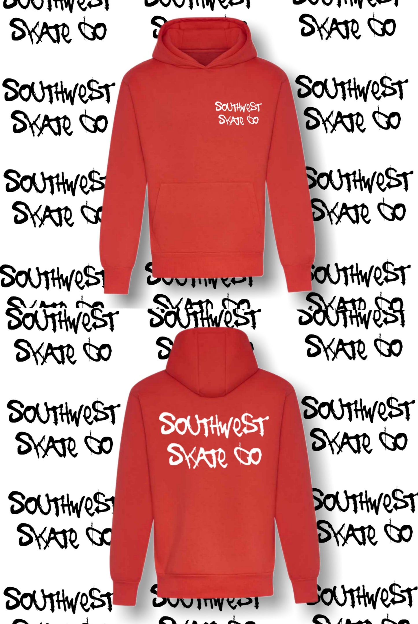 Red southwest skate co white back and front print hoodie