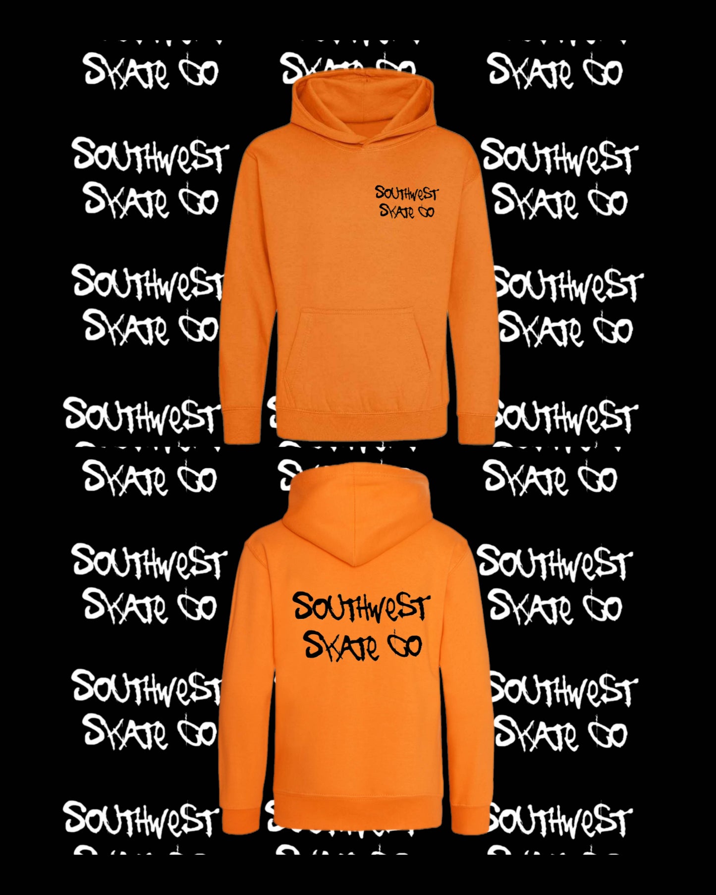 Orange southwest skate co black back and front print hoodie