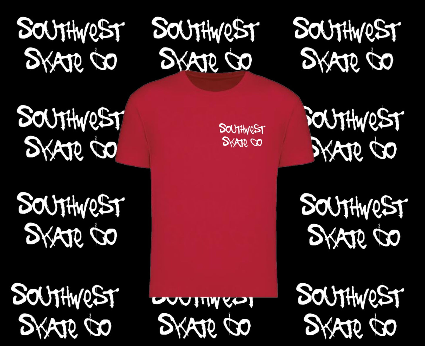 Red southwest skate co t-shirt front and back print
