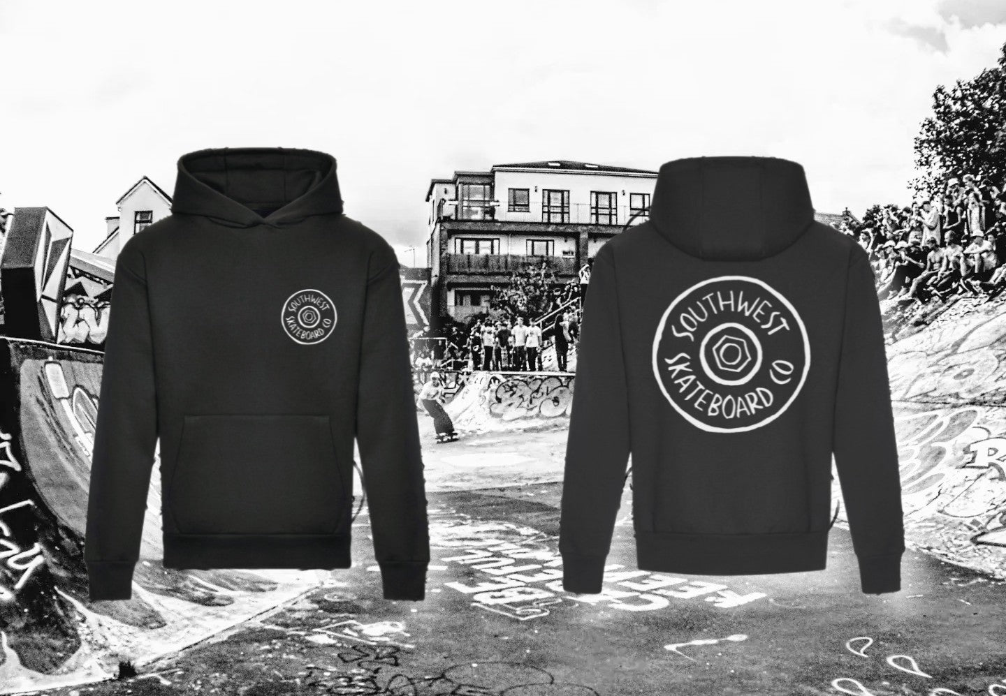 Black southwest skate co front and back wheel logo hoodie