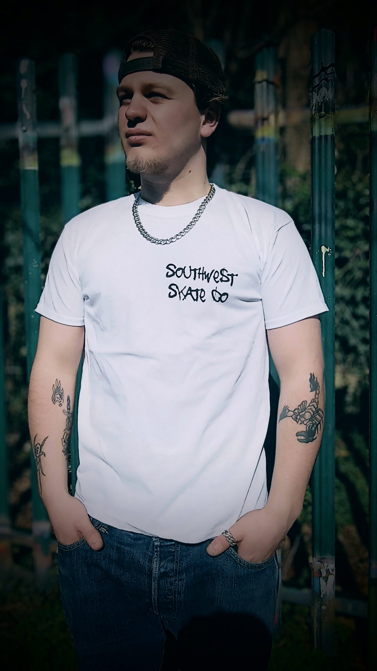 White southwest skate co back and front print t-shirt
