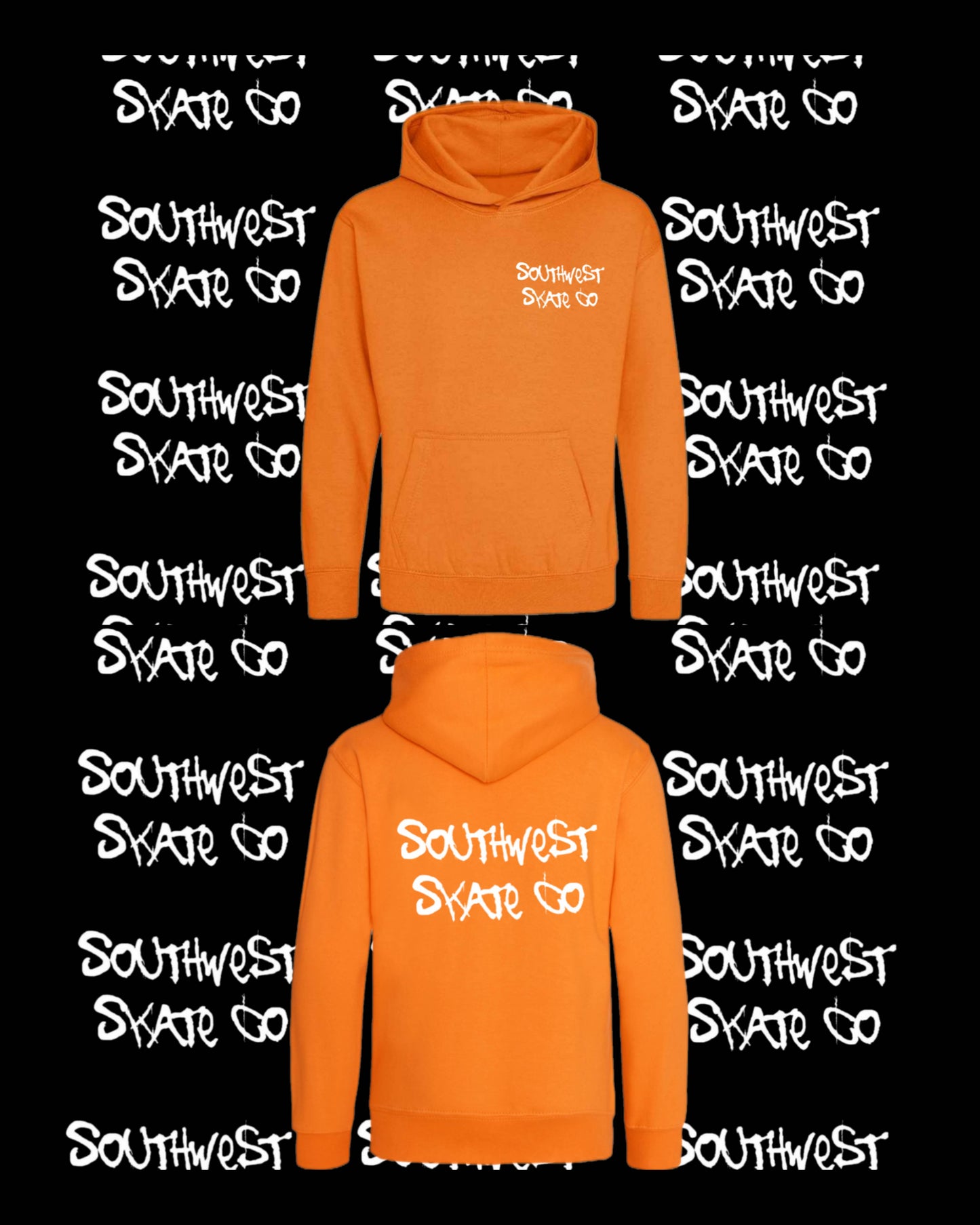 Orange southwest skate co white back and front print hoodie