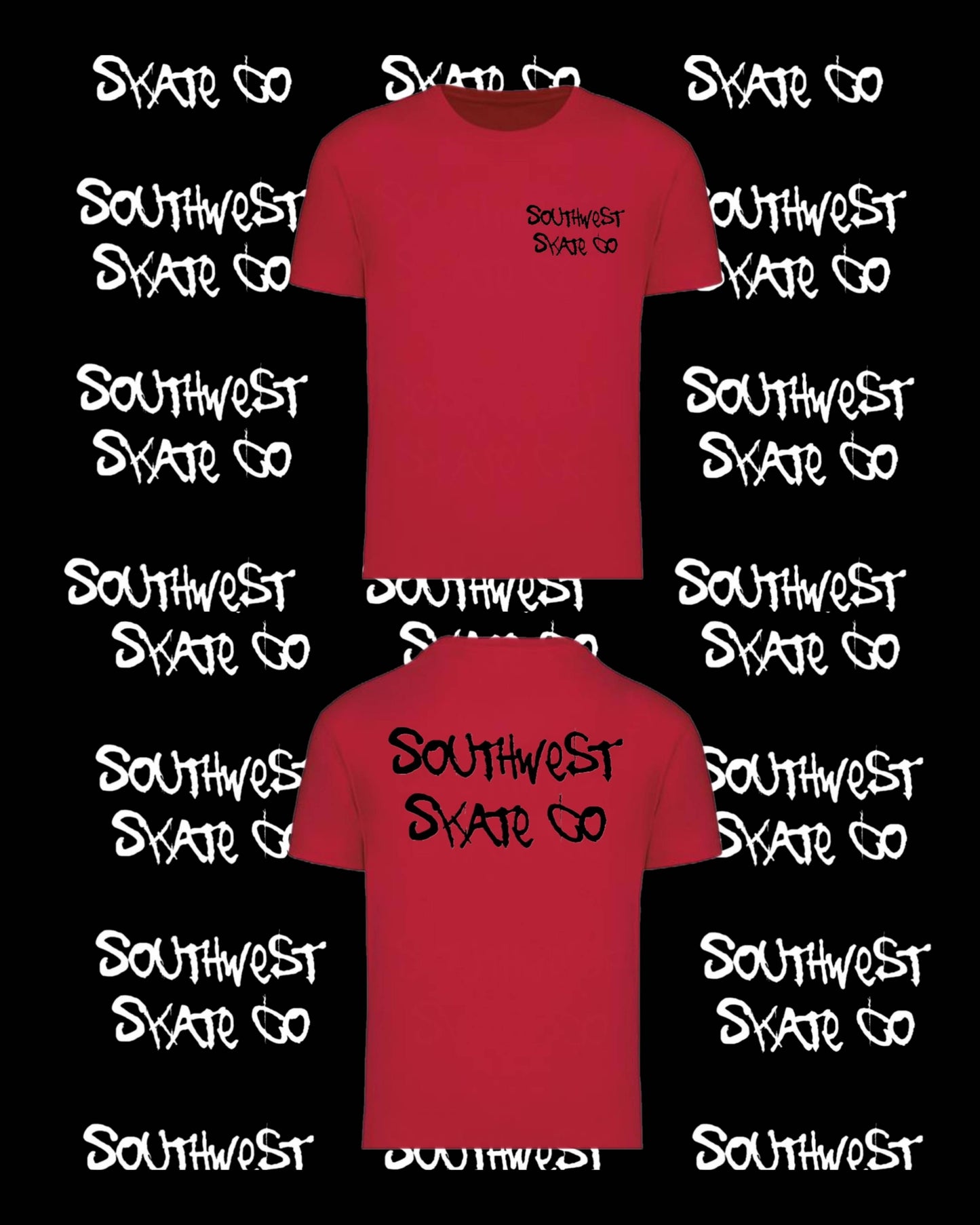 Red southwest skate co t-shirt front and back print