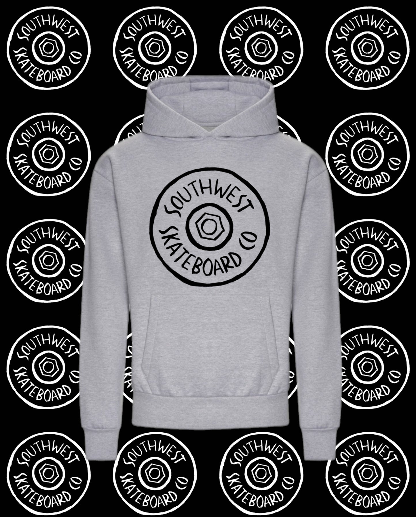 Grey southwest skate co front wheel logo hoodie