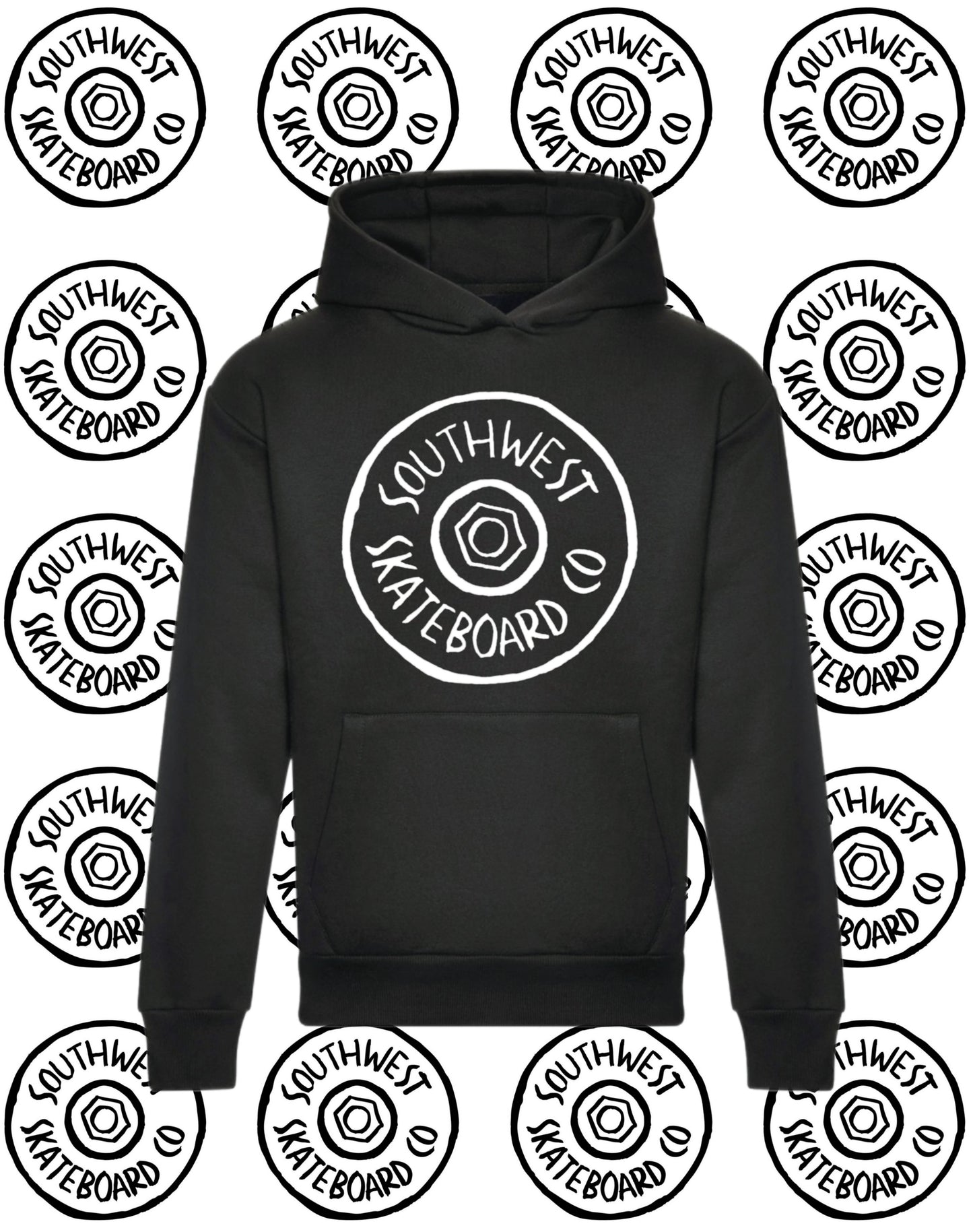 Black southwest skate co front wheel logo hoodie