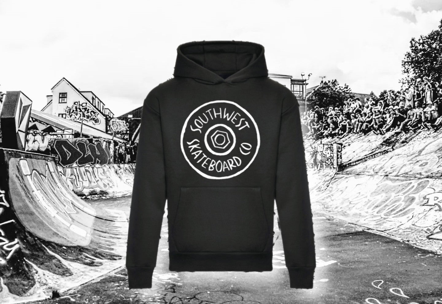 Black southwest skate co front wheel logo hoodie