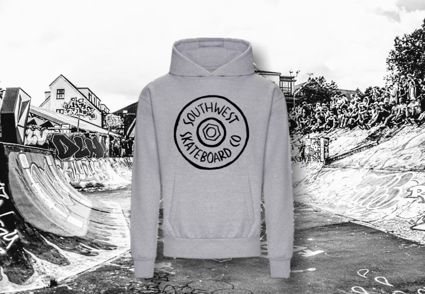 Grey southwest skate co front wheel logo hoodie