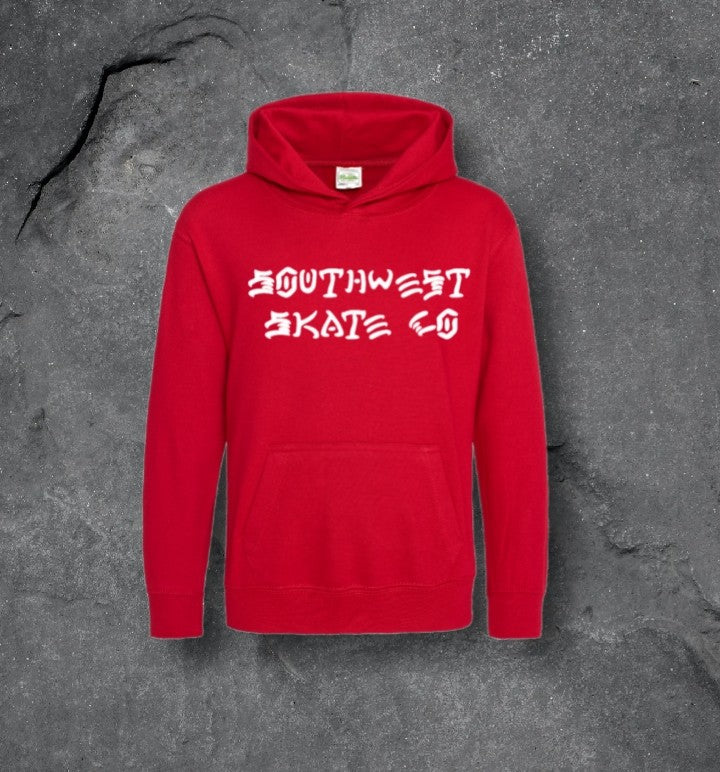 Red southwest skate co skate and destroy white logo hoodie