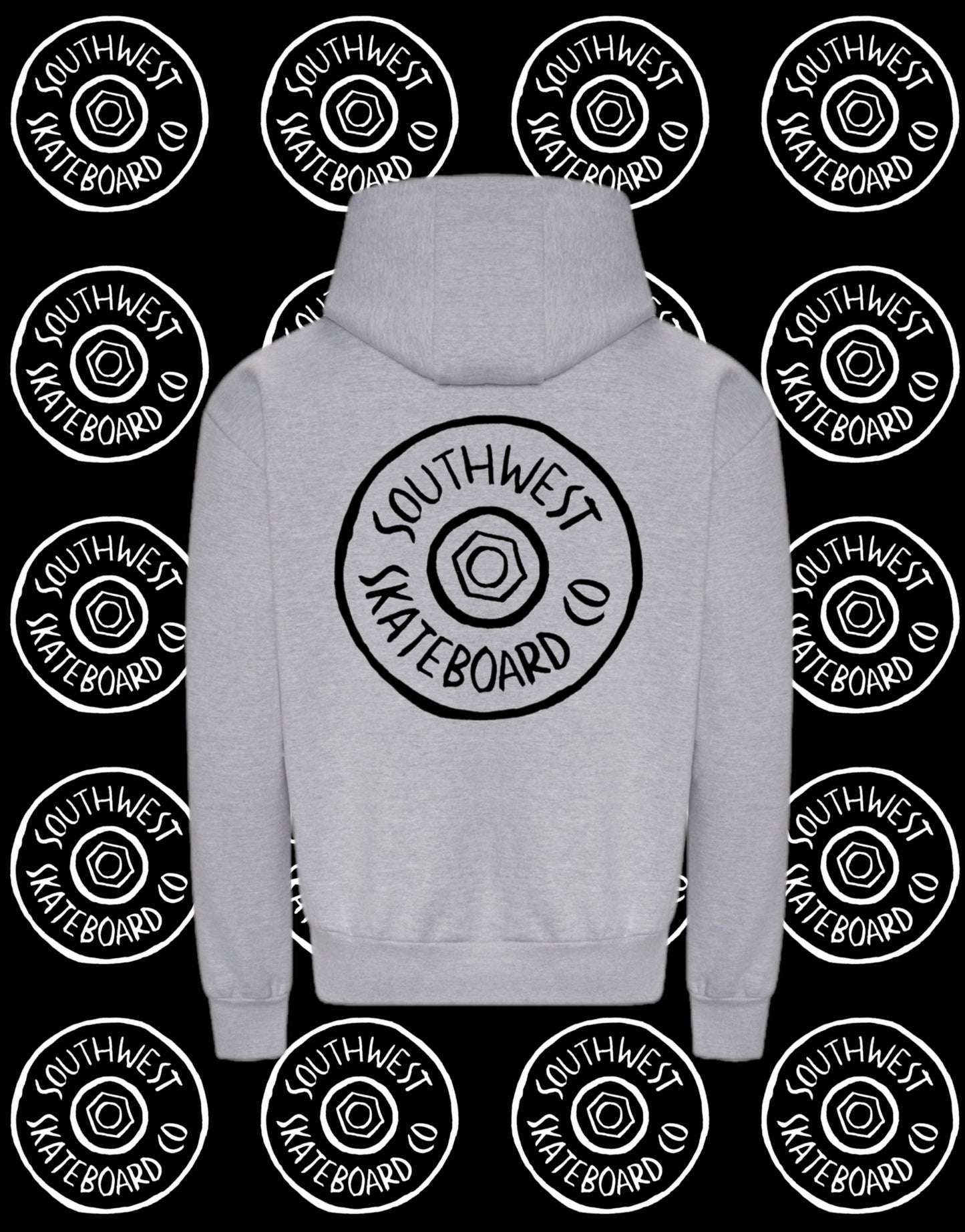 Grey southwest skate co front and back wheel logo hoodie