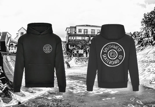 Black southwest skate co front and back wheel logo hoodie