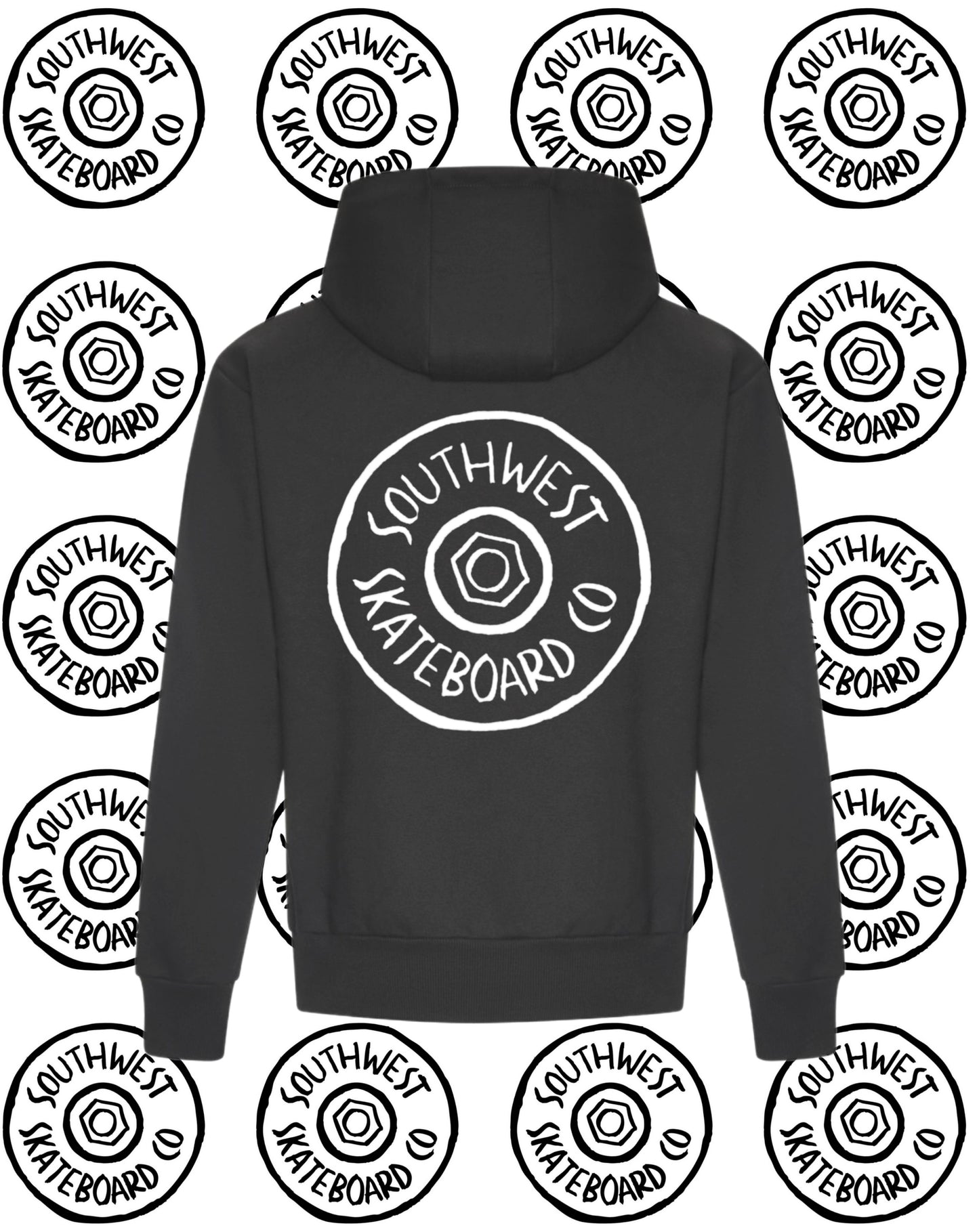 Black southwest skate co front and back wheel logo hoodie