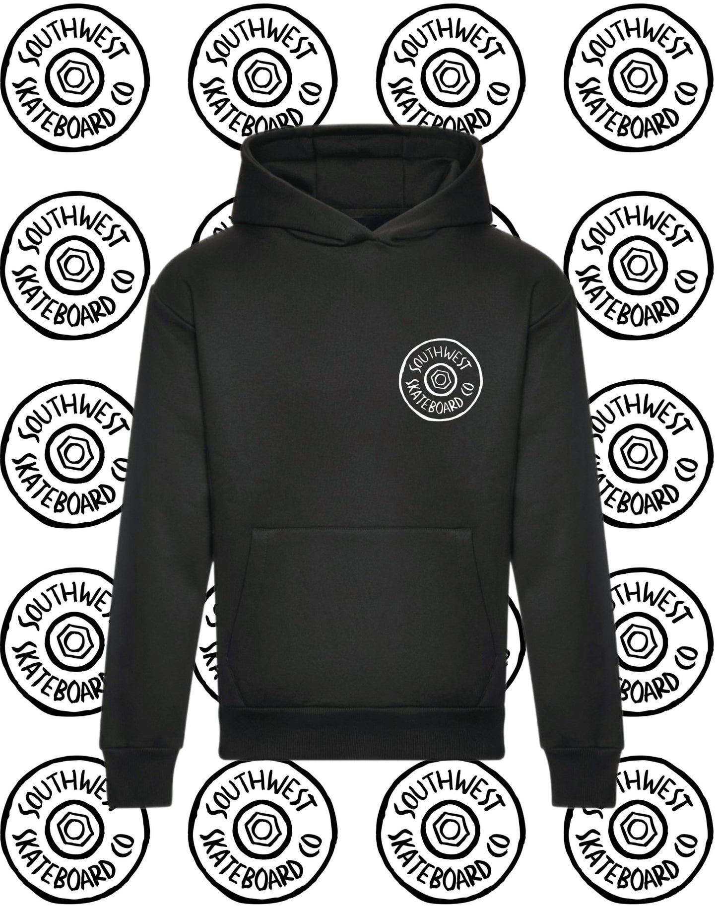 Black southwest skate co front and back wheel logo hoodie