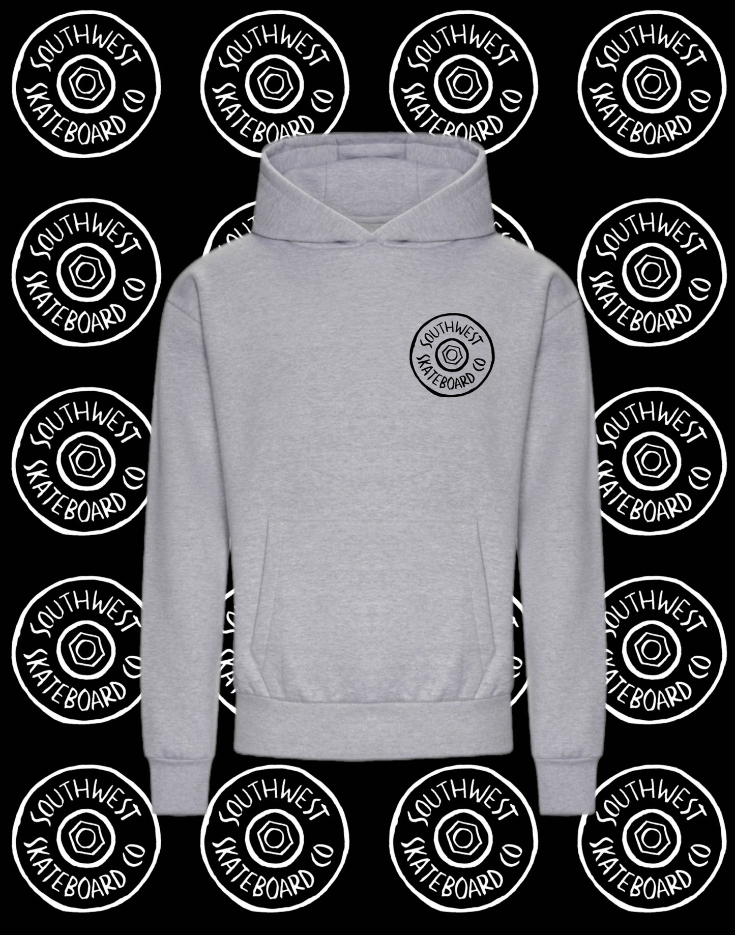 Grey southwest skate co front and back wheel logo hoodie