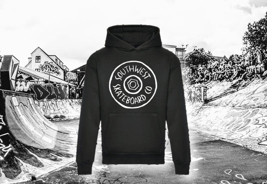 Black southwest skate co front  wheel logo hoodie