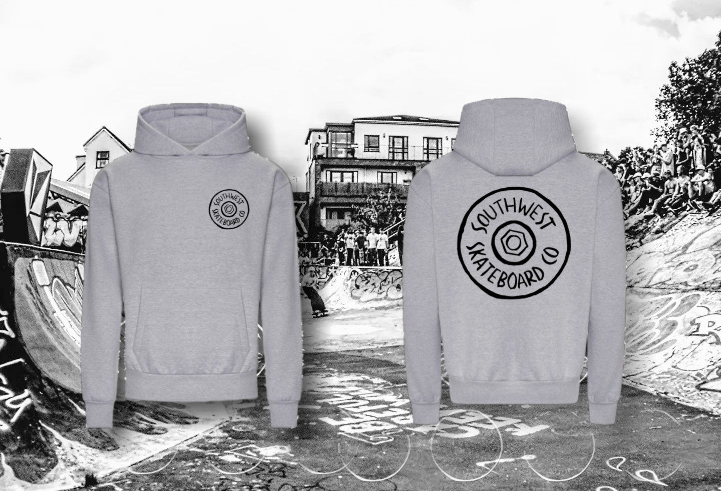 Grey southwest skate co front and back wheel logo hoodie