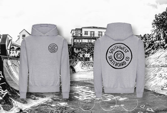 Grey southwest skate co front and back wheel logo hoodie