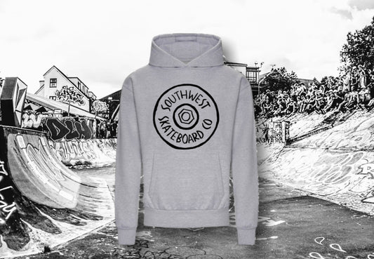 Grey southwest skate co front wheel logo hoodie